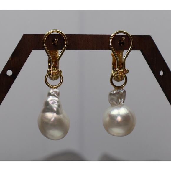 18k Yellow Gold Diamond & Pearl Hoop Earrings 14.67G/1.4in - Picture 5 of 8